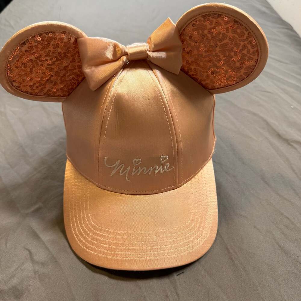 Disney Minnie Mouse Rose Gold Satin Baseball Cap with Sequin Ears and Bow